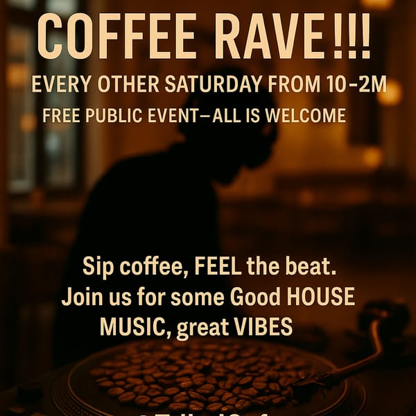 A coffee rave advertisement with a DJ silhouette and coffee beans on a turntable.