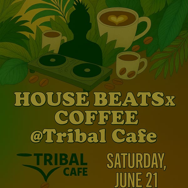 Illustration of coffee cups, a DJ mixer, and a person's silhouette surrounded by tropical leaves.