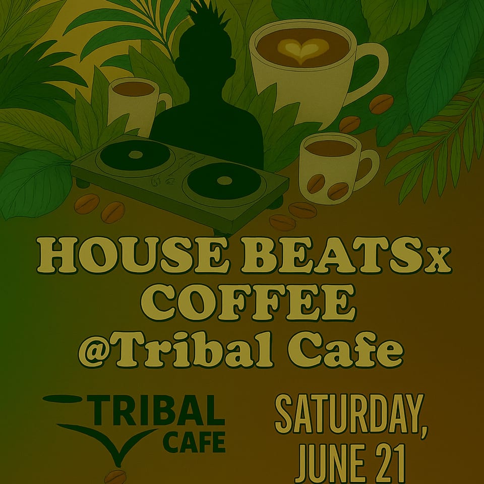 Illustration of coffee cups, a DJ mixer, and a person's silhouette surrounded by tropical leaves.