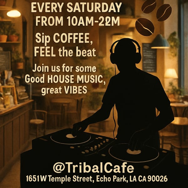 A DJ silhouette with headphones mixing music in a cafe, with text promoting Tribal Cafe's Saturday event.
