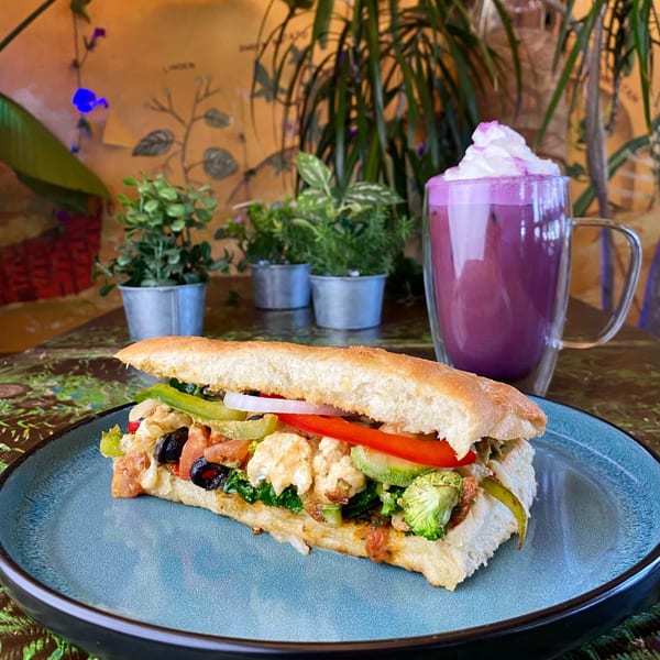 A colorful Tribal Cafe sandwich with vegetables and a purple drink with whipped cream.