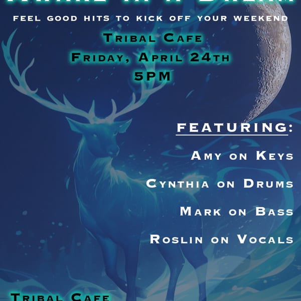 A blue poster with a glowing deer and moon, advertising a music event at Tribal Cafe.