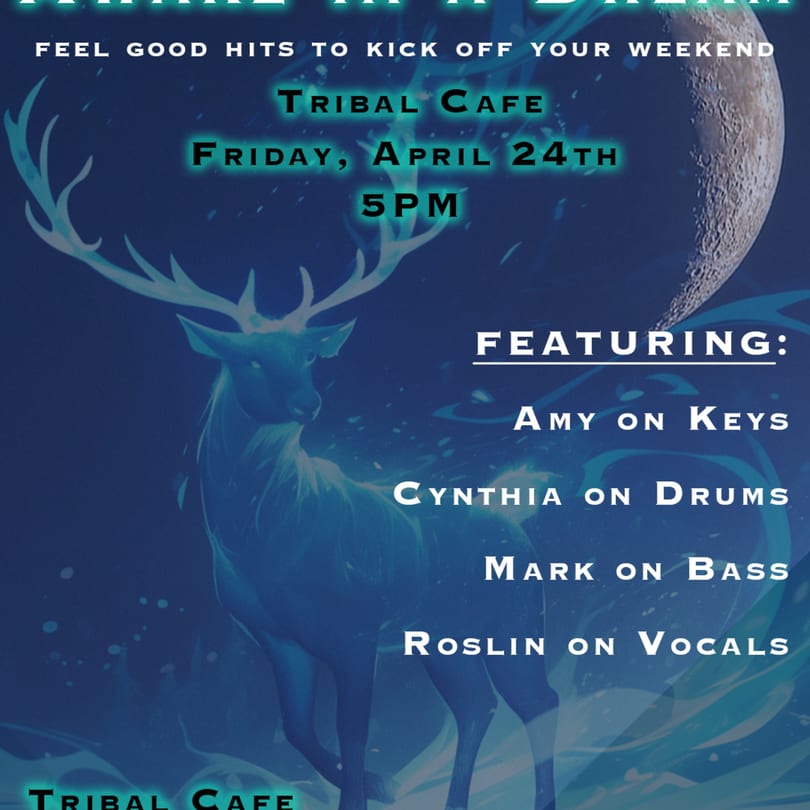A blue poster with a glowing deer and moon, advertising a music event at Tribal Cafe.