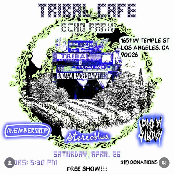Tribal Cafe event flyer with a stylized drawing of the cafe building and surrounding landscape.