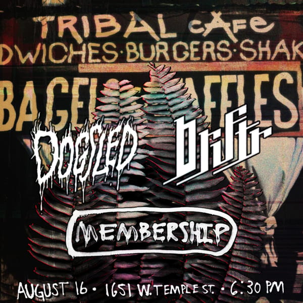 A dark, grunge-style poster for Tribal Cafe, featuring band names and event details.