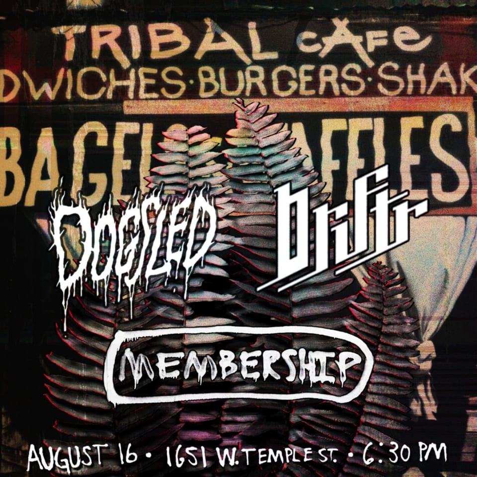 A dark, grunge-style poster for Tribal Cafe, featuring band names and event details.