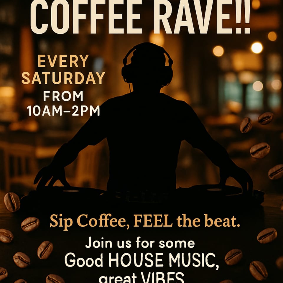 A silhouette of a DJ with headphones and turntables, surrounded by coffee beans and event text.
