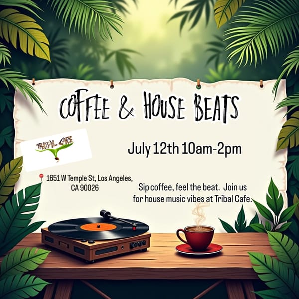 Promotional flyer for "Coffee & House Beats" at Tribal Cafe, featuring a turntable, coffee cup, and tropical leaves.