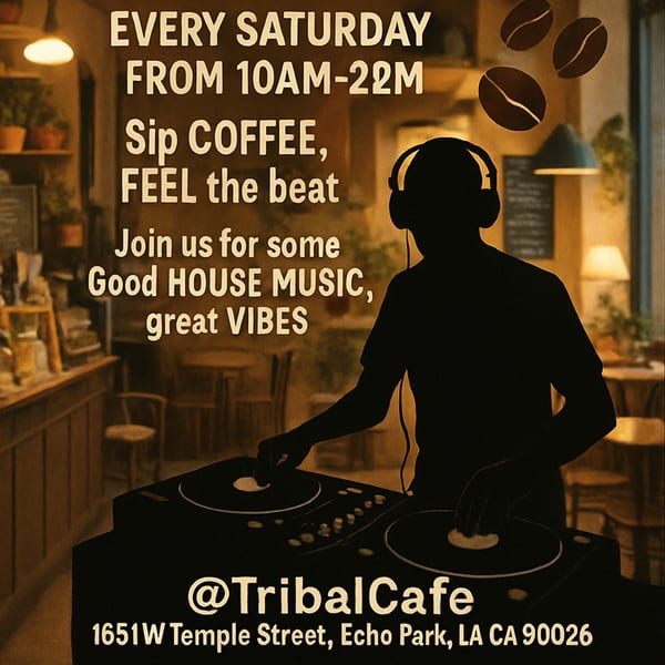 A silhouette of a DJ with headphones, mixing music in a cafe setting with text overlay.