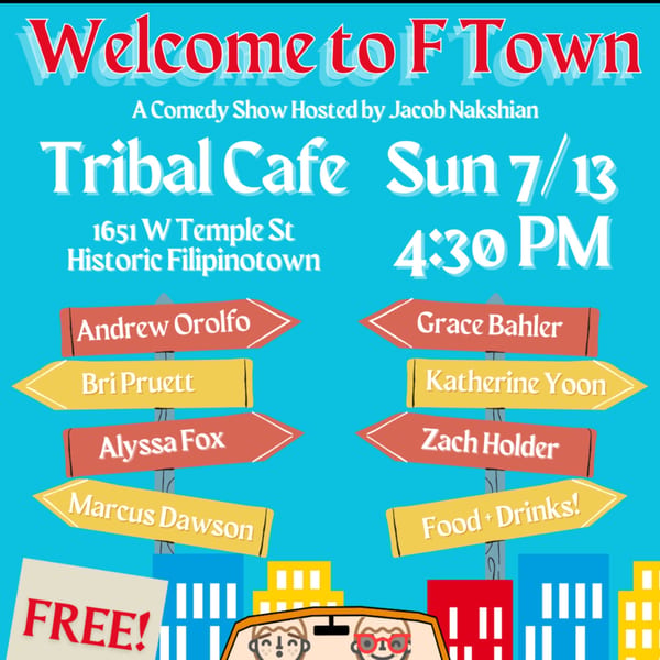 A blue flyer for a comedy show at Tribal Cafe, listing comedians and event details.