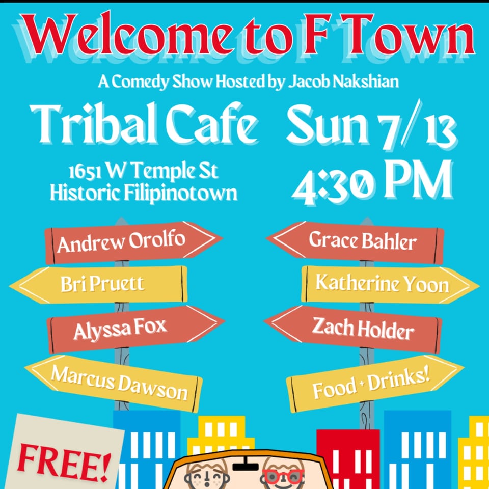 A blue flyer for a comedy show at Tribal Cafe, listing comedians and event details.