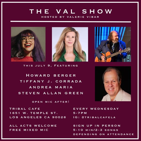 Promotional flyer for "The Val Show" at Tribal Cafe, featuring four headshots of performers and event details.