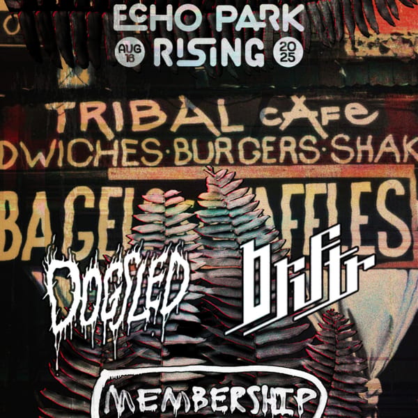 A dark, grunge-style poster for "Echo Park Rising 2025" with "Tribal Cafe" and menu items visible.