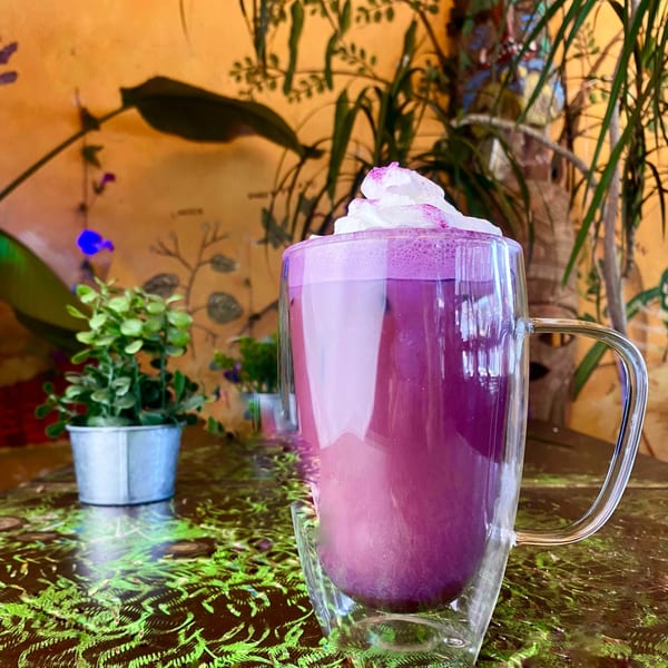 Vibrant purple drink with whipped cream on a green patterned table at Tribal Cafe.
